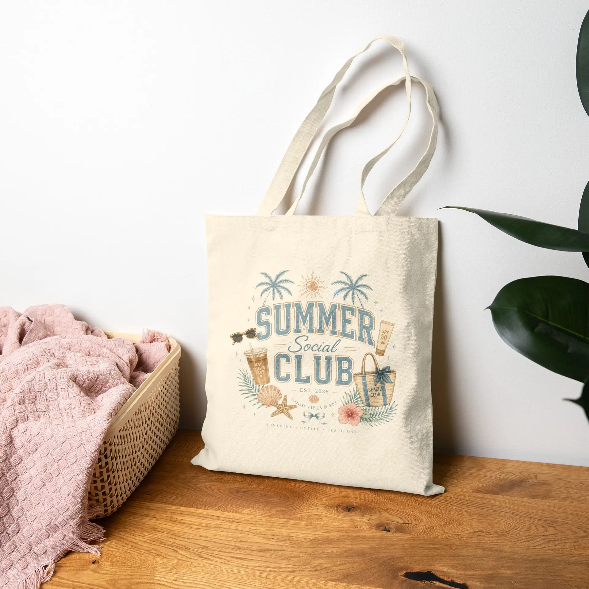 Summer Club beach design Tote Bag | palm trees, sunglasses, seashells I Beauty Professional