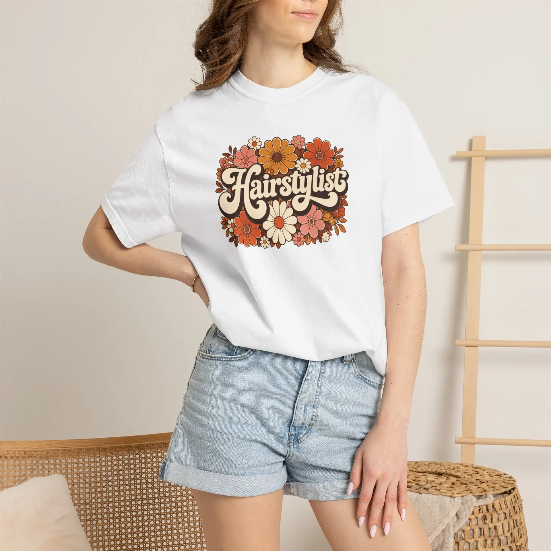 Hairstylist Floral Retro Design T-shirt | 70s Flowers, Script Logo 4 Hairstylist Floral Retro Design T-shirt | 70s Flowers, Script Logo - Image 4