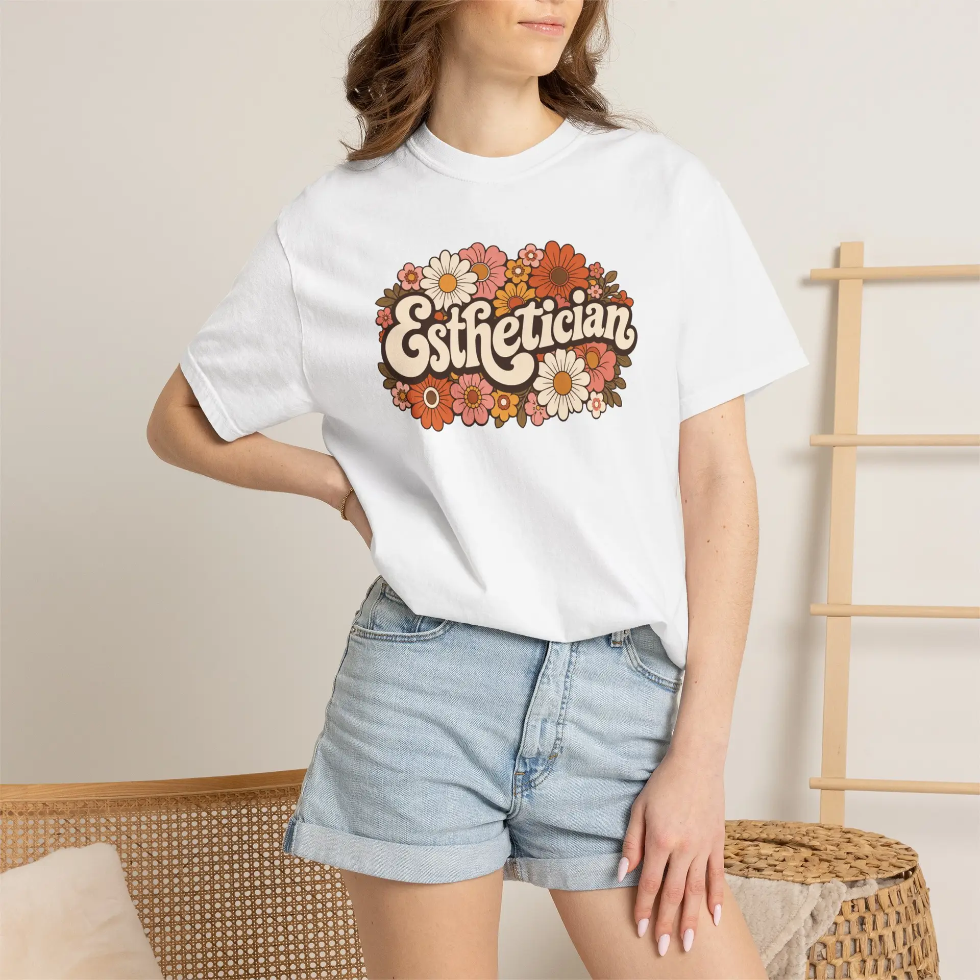 Esthetician Retro Floral Logo T-shirt | Vintage Daisies, 70s Script