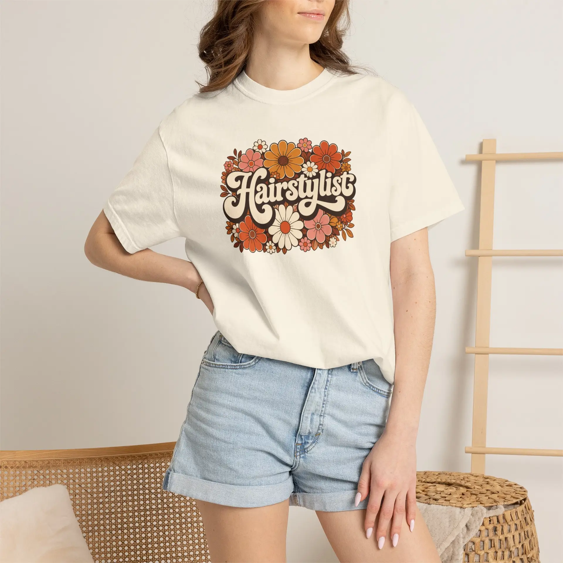 Hairstylist Floral Retro Design T-shirt | 70s Flowers, Script Logo 2 Hairstylist Floral Retro Design T-shirt | 70s Flowers, Script Logo - Image 2