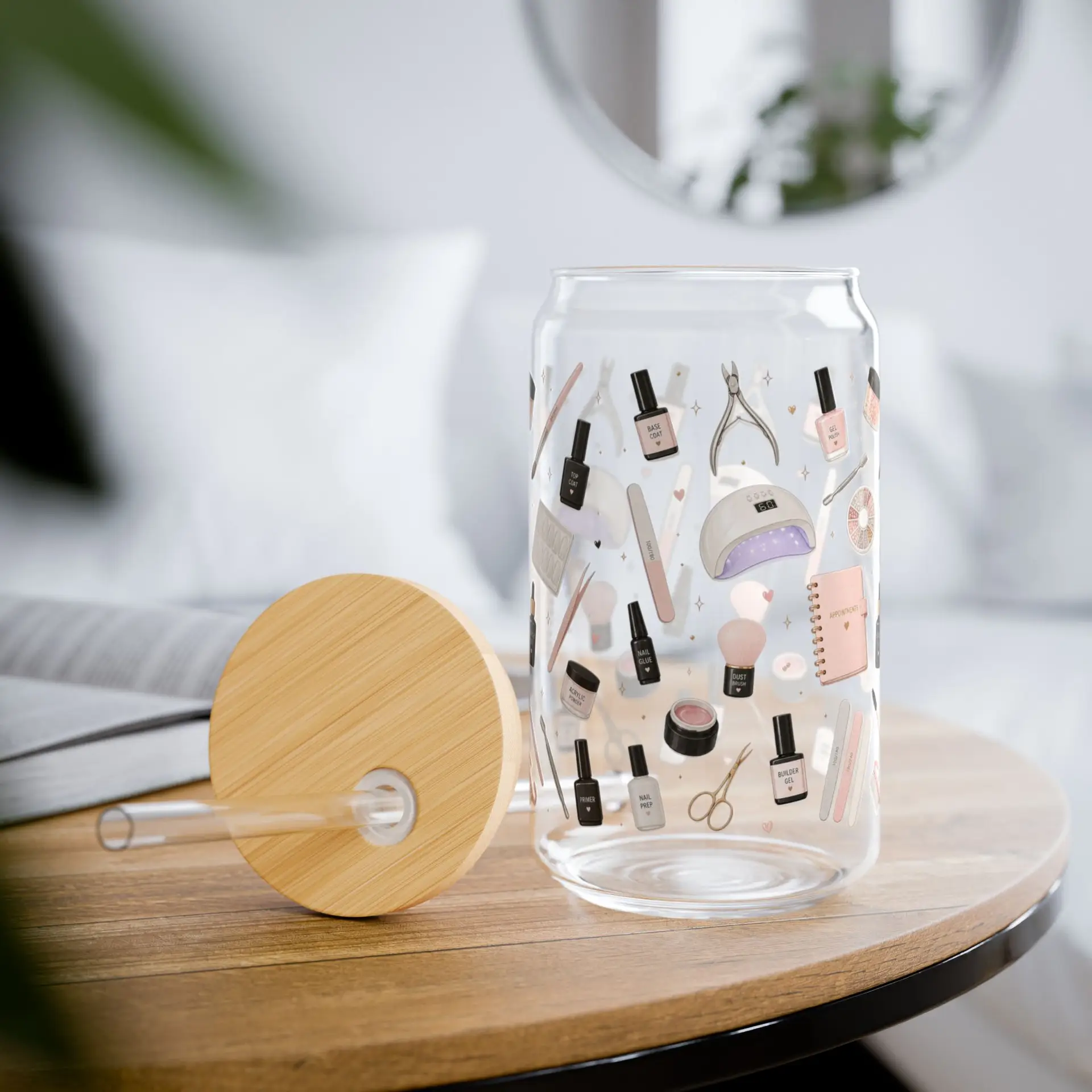 Nail Tech Glass Cup with Bamboo Lid & Straw I Nail Tech Gift I Nail Artist Iced Coffee Glass