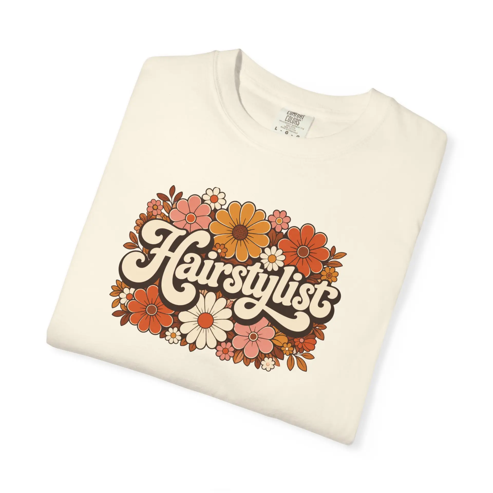 Hairstylist Floral Retro Design T-shirt | 70s Flowers, Script Logo 10 Hairstylist Floral Retro Design T-shirt | 70s Flowers, Script Logo - Image 10