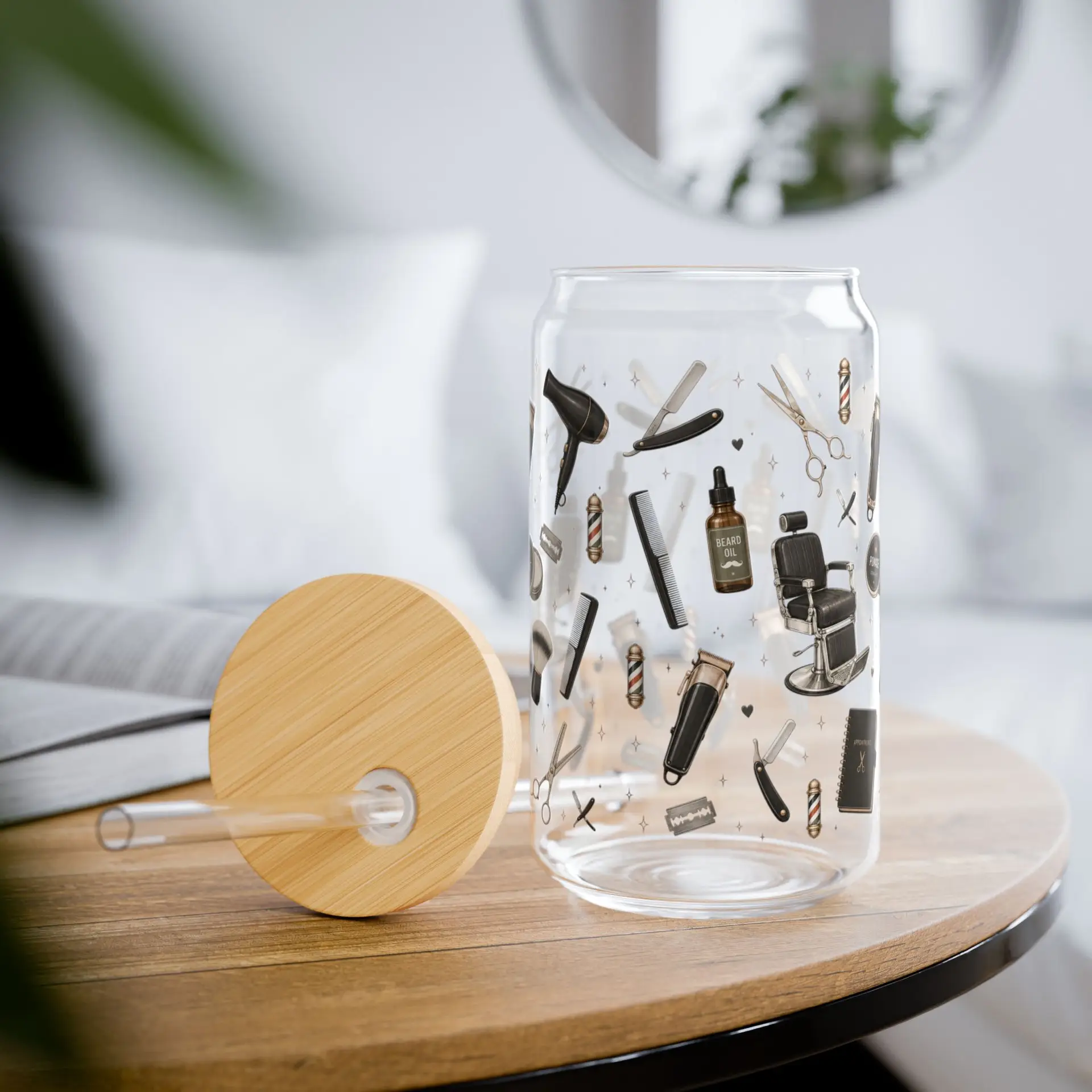 Barber Tools Pattern Sipper Glass | 16oz Barber Gift I Professional Barber