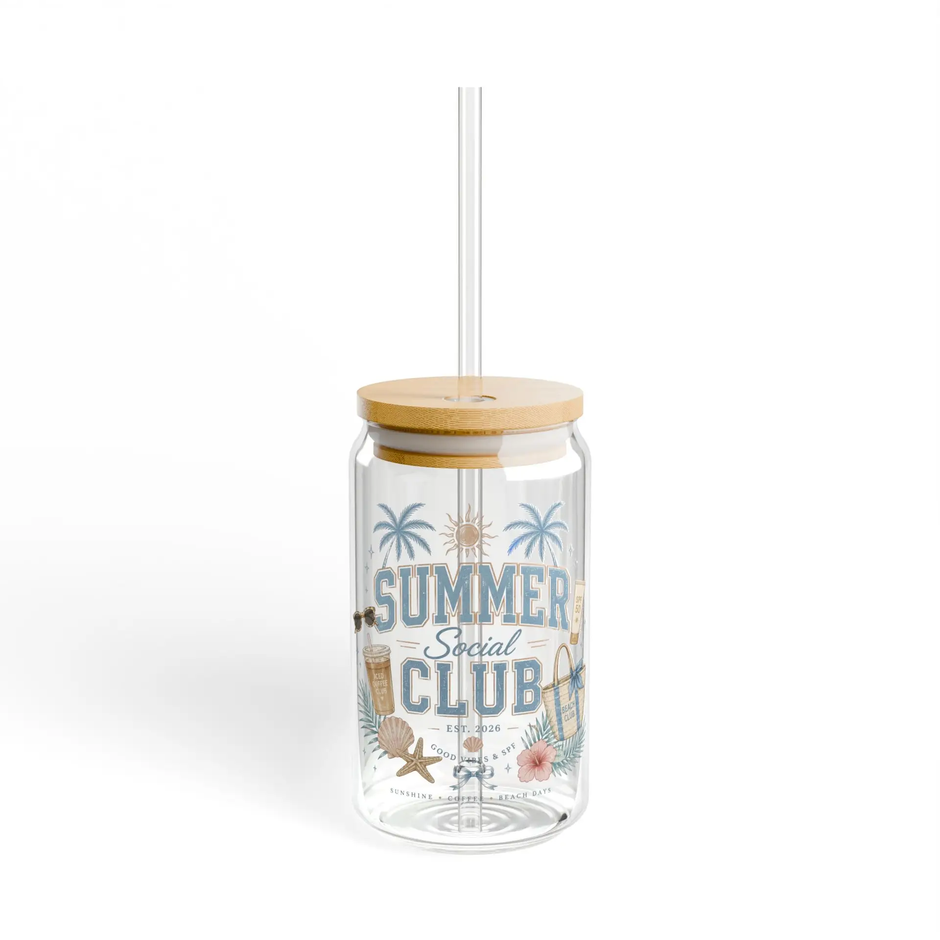 Summer Social Club Sipper Glass | 16oz Beach Palm Drink Tumbler I Beauty Professional