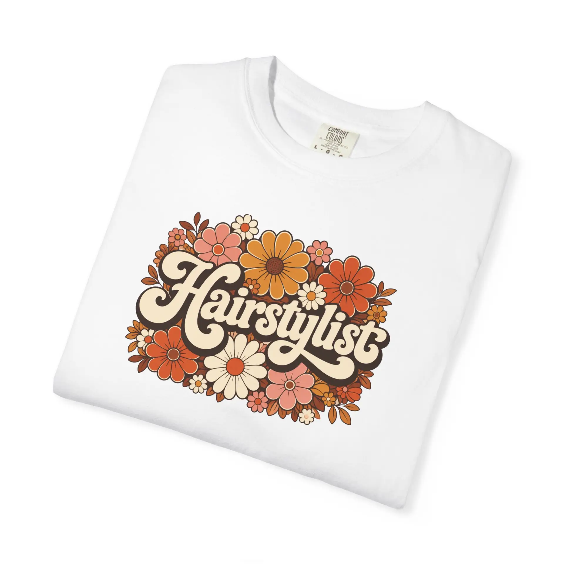 Hairstylist Floral Retro Design T-shirt | 70s Flowers, Script Logo 5 Hairstylist Floral Retro Design T-shirt | 70s Flowers, Script Logo - Image 5