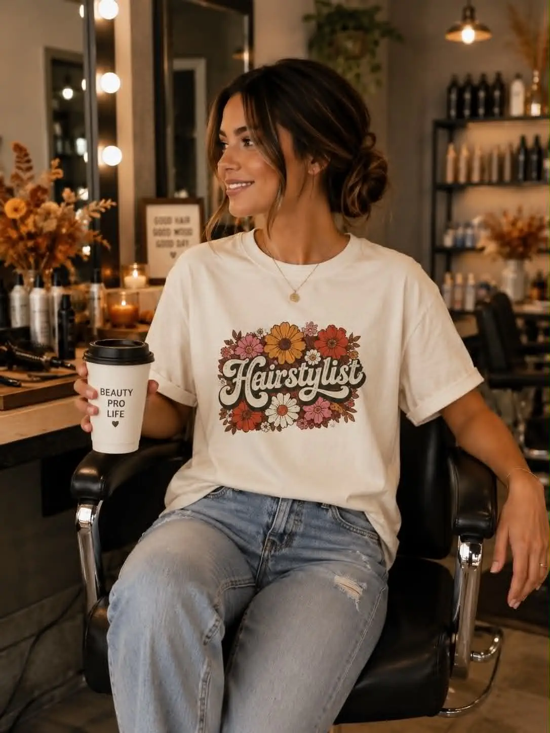 Hairstylist Floral Retro Design T-shirt | 70s Flowers, Script Logo 1 Hairstylist Floral Retro Design T-shirt | 70s Flowers, Script Logo