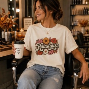 Hairstylist Floral Retro Design T-shirt | 70s Flowers, Script Logo