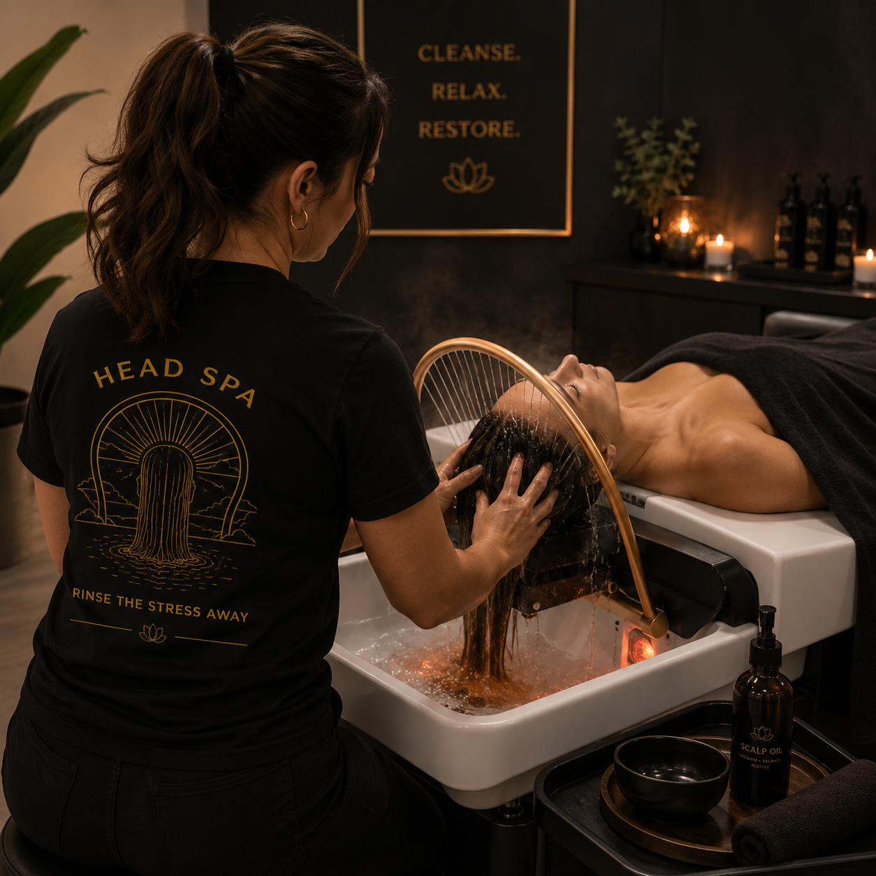 Head Spa Professional T-Shirt | Rinse the Stress Away | Scalp Spa Tee | Hair Spa Therapist Gift | Beauty Pro Work Shirt