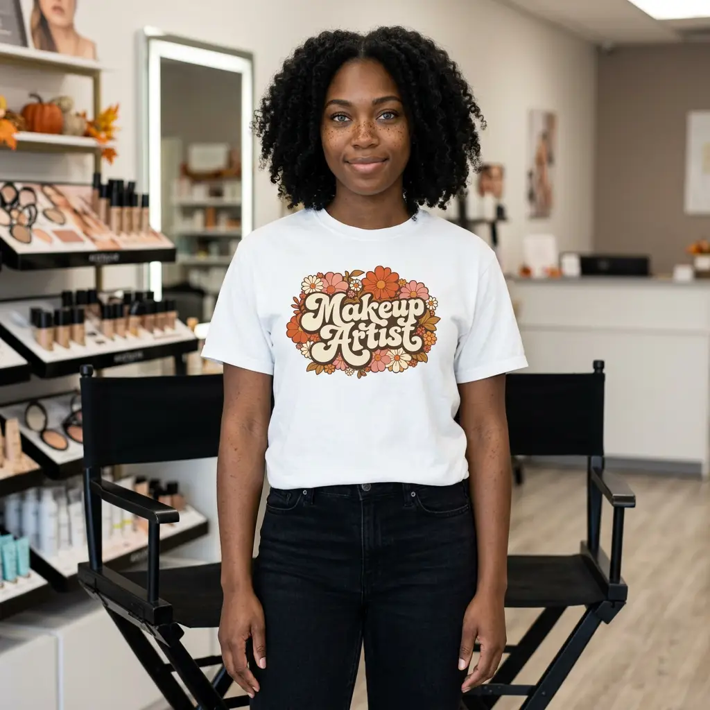 Makeup Artist Floral Tee — Retro Flower Graphic T-Shirt for Beauty Pros 1 Makeup Artist Floral Tee — Retro Flower Graphic T-Shirt for Beauty Pros