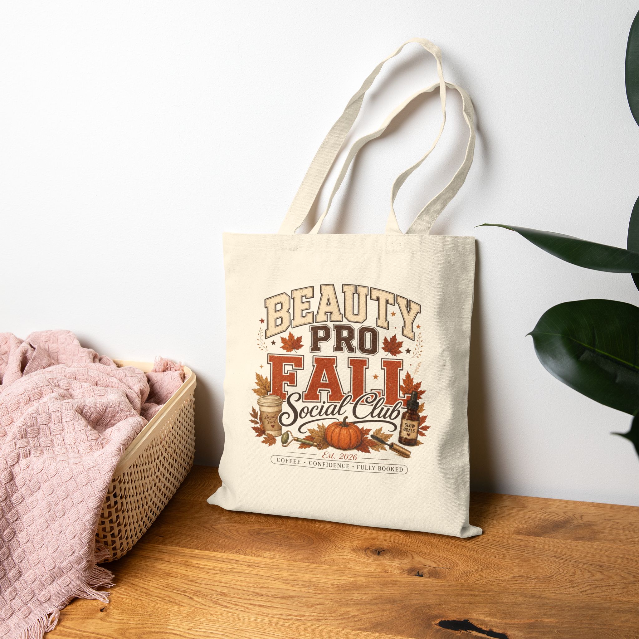 Beauty Pro Fall Social Club Tote Bag | Pumpkin Leaves Autumn Design