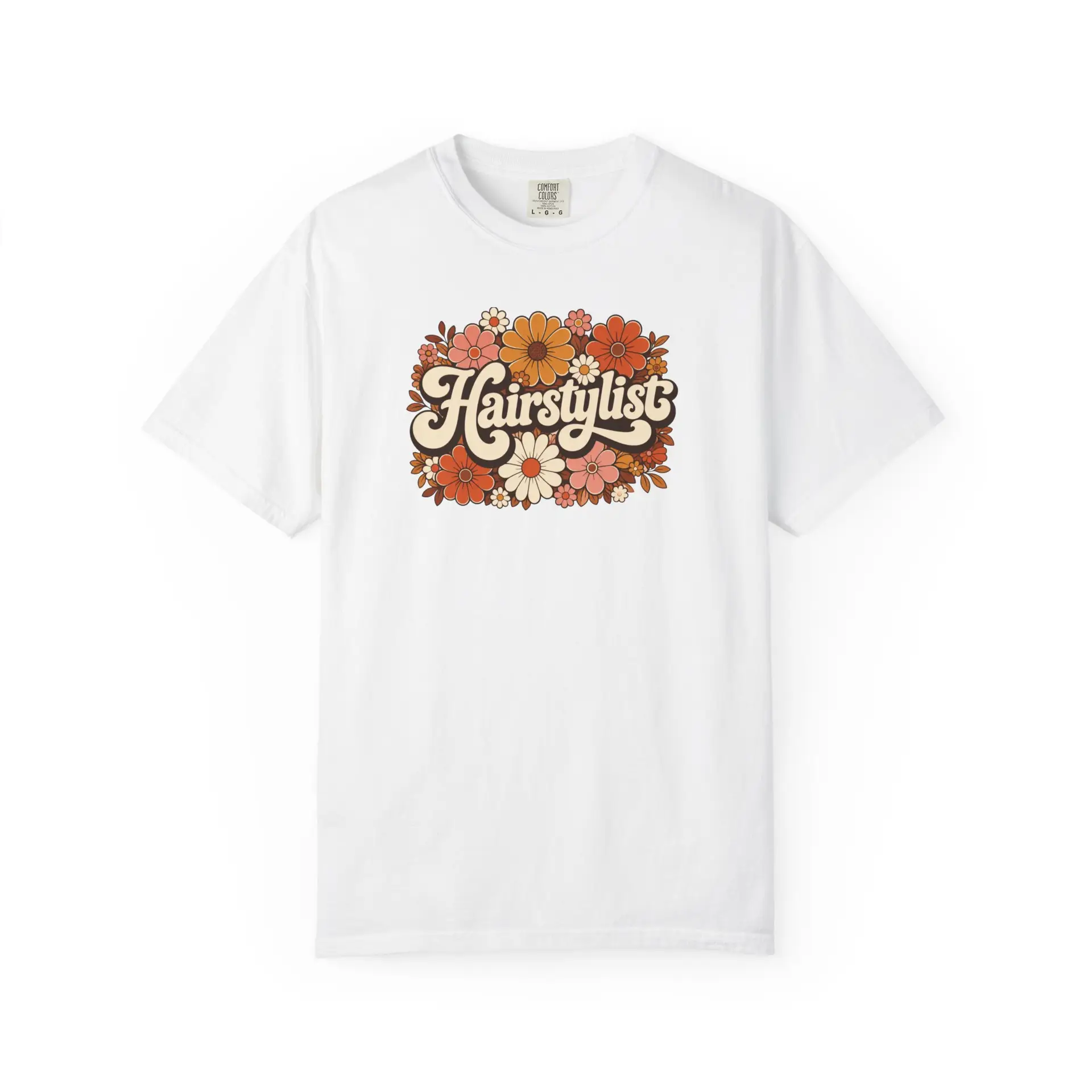 Hairstylist Floral Retro Design T-shirt | 70s Flowers, Script Logo 5 Hairstylist Floral Retro Design T-shirt | 70s Flowers, Script Logo - Image 5