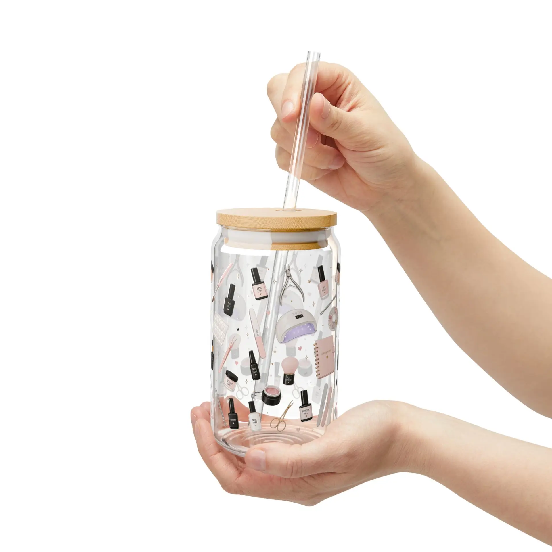 Nail Tech Glass Cup with Bamboo Lid & Straw I Nail Tech Gift I Nail Artist Iced Coffee Glass 2 Nail Tech Glass Cup with Bamboo Lid & Straw I Nail Tech Gift I Nail Artist Iced Coffee Glass - Image 2