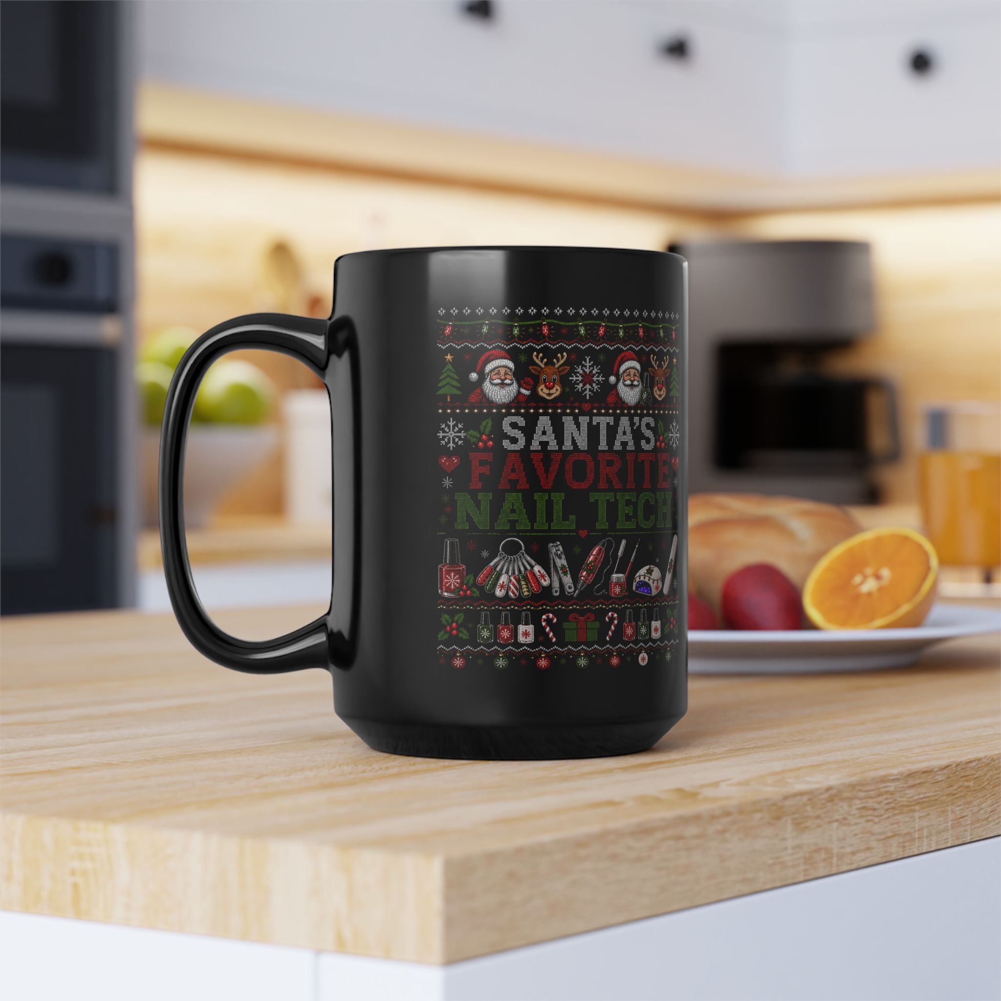 Santa's Favorite Nail Tech Black Mug, Ugly Christmas Sweater Style, Holiday Salon Gift 3 Santa's Favorite Nail Tech Black Mug, Ugly Christmas Sweater Style, Holiday Salon Gift - Image 3