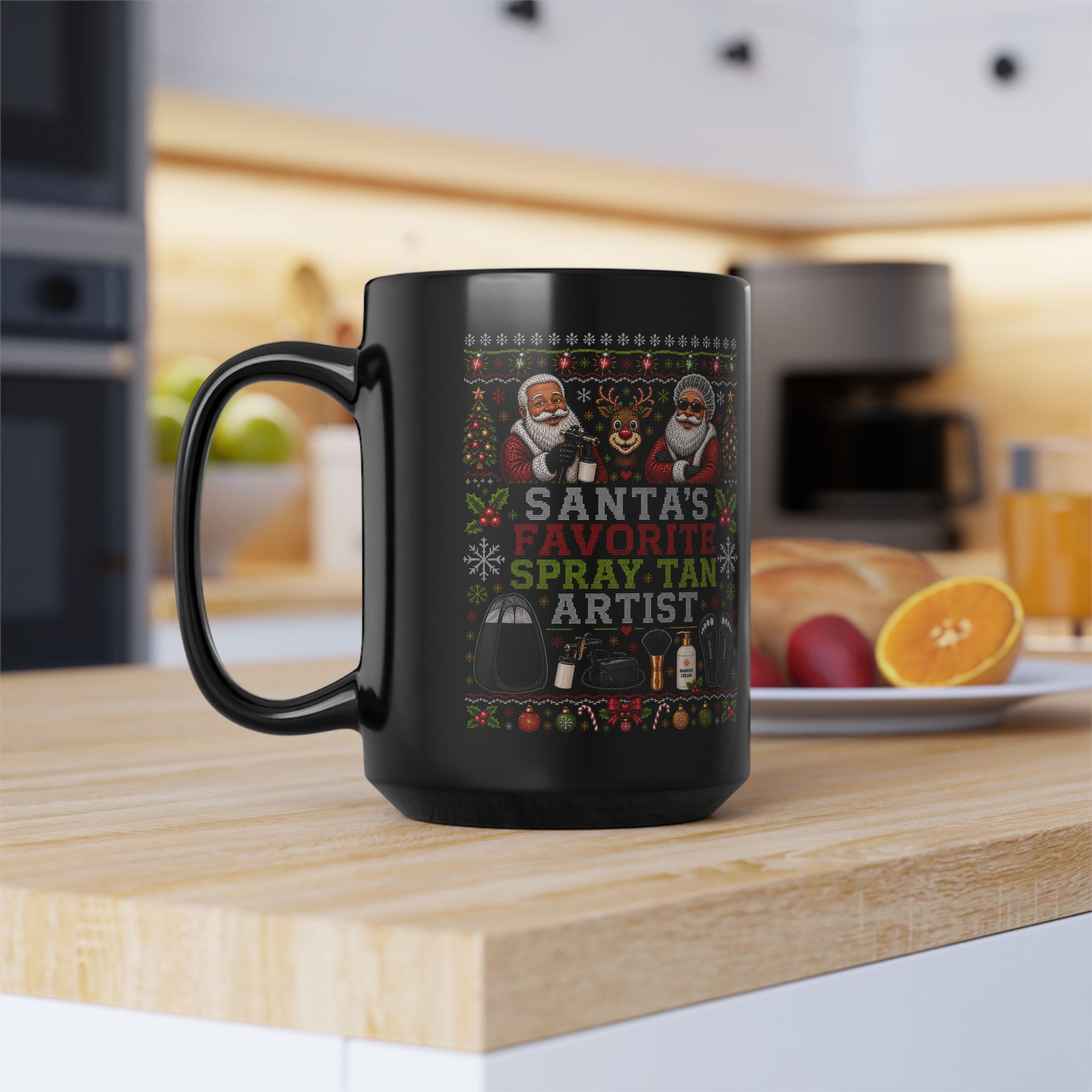 Santas Favorite Spray Tan Artist Mug, Black Cup, Ugly Christmas Sweater Style, Salon Gift 3 Santas Favorite Spray Tan Artist Mug, Black Cup, Ugly Christmas Sweater Style, Salon Gift - Image 3