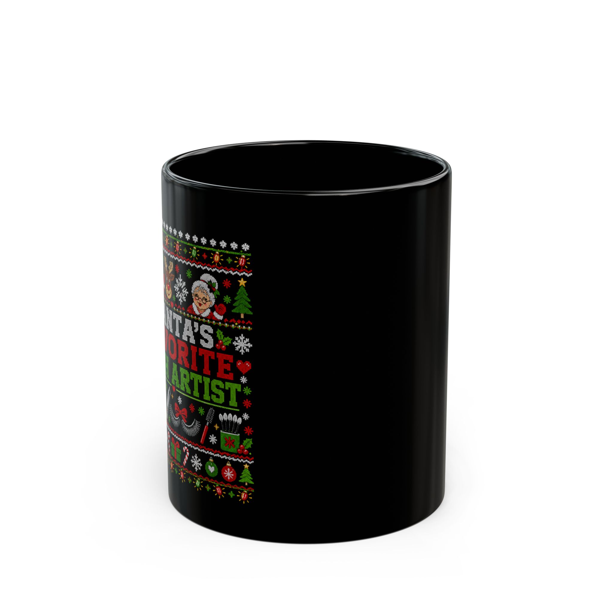 Santas Favorite Lash Artist Black Mug, Ugly Christmas Sweater Style, Beauty Professional Gift 3 Santas Favorite Lash Artist Black Mug, Ugly Christmas Sweater Style, Beauty Professional Gift - Image 3