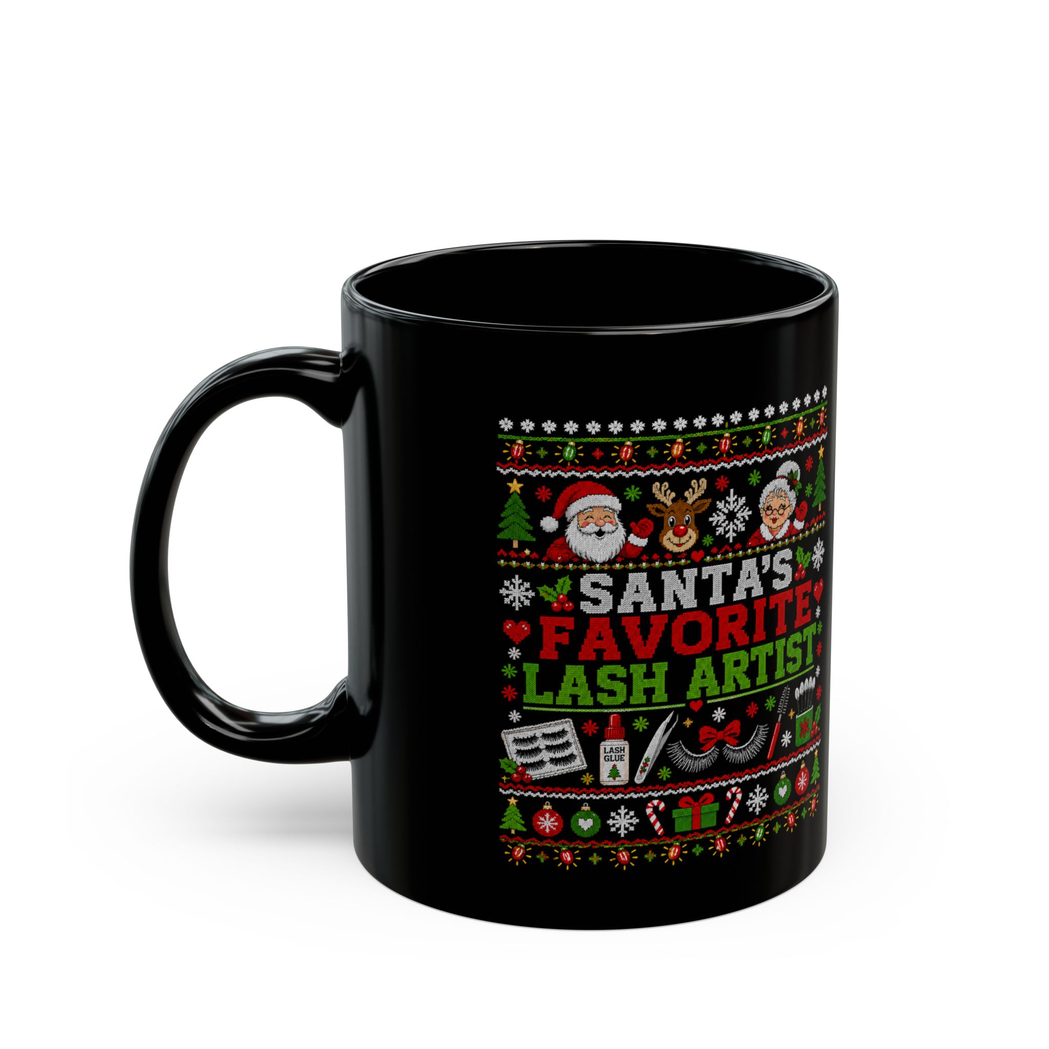 Santas Favorite Lash Artist Black Mug, Ugly Christmas Sweater Style, Beauty Professional Gift 2 Santas Favorite Lash Artist Black Mug, Ugly Christmas Sweater Style, Beauty Professional Gift - Image 2