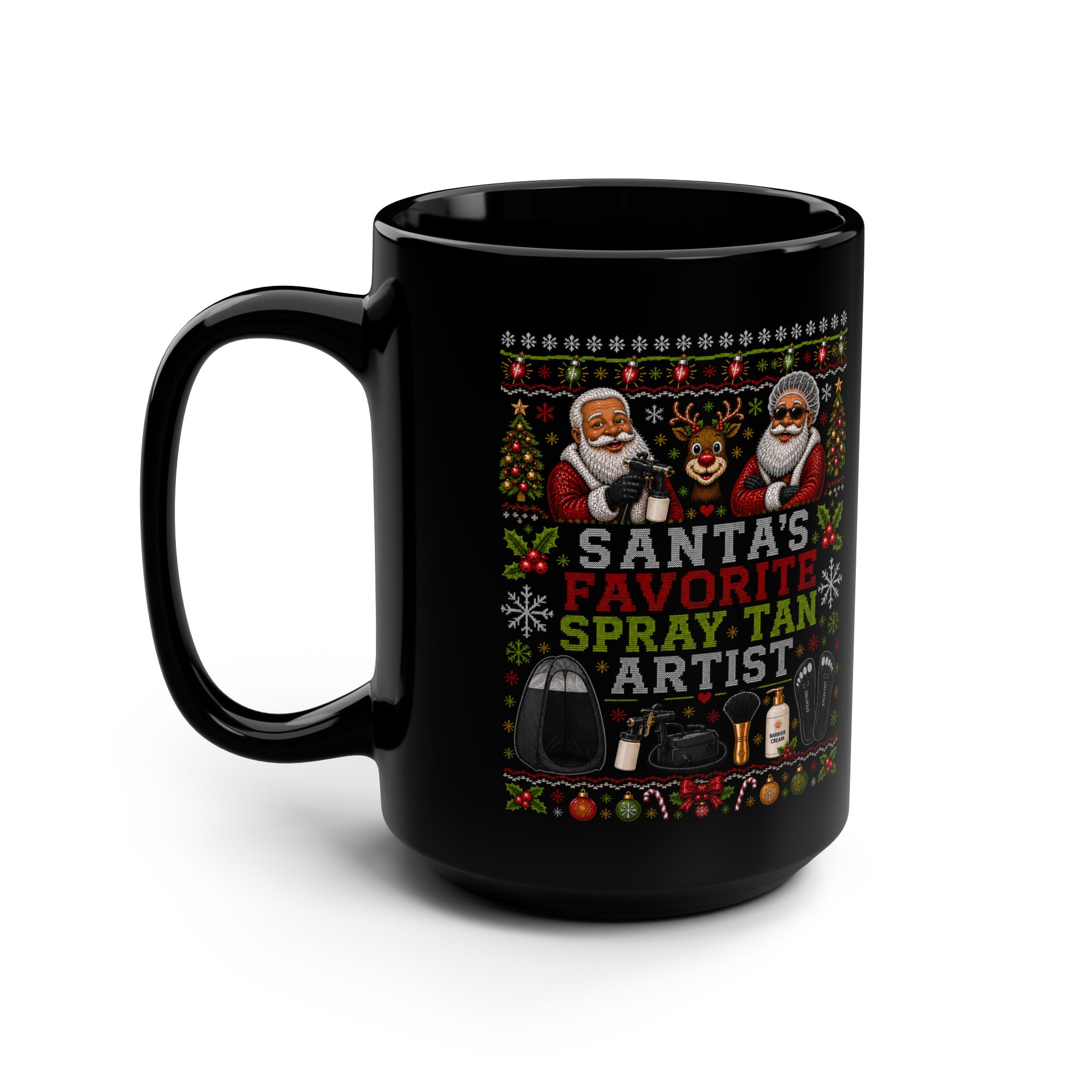 Santas Favorite Spray Tan Artist Mug, Black Cup, Ugly Christmas Sweater Style, Salon Gift 2 Santas Favorite Spray Tan Artist Mug, Black Cup, Ugly Christmas Sweater Style, Salon Gift - Image 2