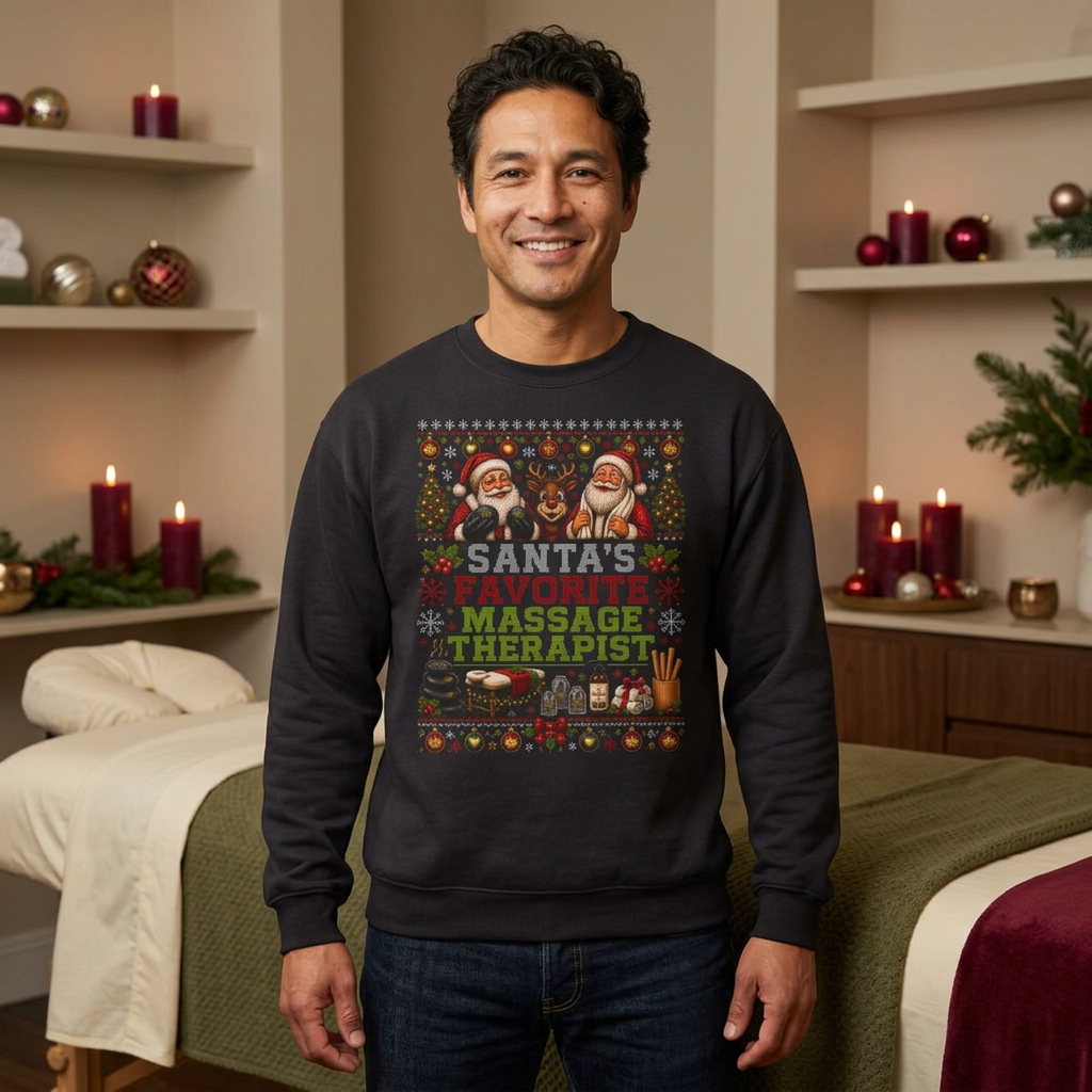 Santas Favorite Massage Therapist Sweatshirt, Massage Therapist Christmas Gift, Ugly Christmas Sweater, Massage Therapy Holiday Crewneck 2 Santas Favorite Massage Therapist Sweatshirt, Massage Therapist Christmas Gift, Ugly Christmas Sweater, Massage Therapy Holiday Crewneck - Image 2