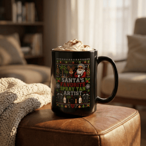 Santas Favorite Spray Tan Artist Mug, Black Cup, Ugly Christmas Sweater Style, Salon Gift