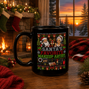 Santa's Favorite Makeup Artist Mug, Black Drinkware, Beauty Pro Gift, Christmas Salon Decor