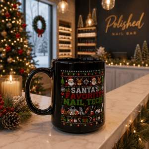 Santa's Favorite Nail Tech Black Mug, Ugly Christmas Sweater Style, Holiday Salon Gift