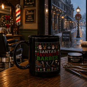 Santas Favorite Barber Black Mug, Ugly Christmas Sweater Style, Holiday Barbershop Gift