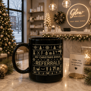My Christmas Bonus Is Referrals Mug, Black Cup, Salon Owner Gift, Holiday Drinkware