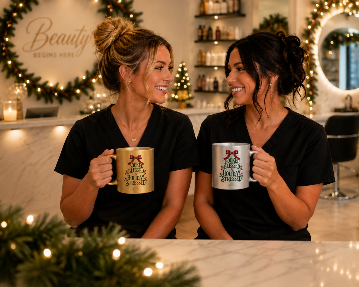 Booked Blessed Holiday Stressed Mug, Gold or Silver, Beauty Professional Christmas Gift 1 Booked Blessed Holiday Stressed Mug, Gold or Silver, Beauty Professional Christmas Gift