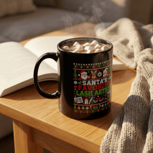 Santas Favorite Lash Artist Black Mug, Ugly Christmas Sweater Style, Beauty Professional Gift