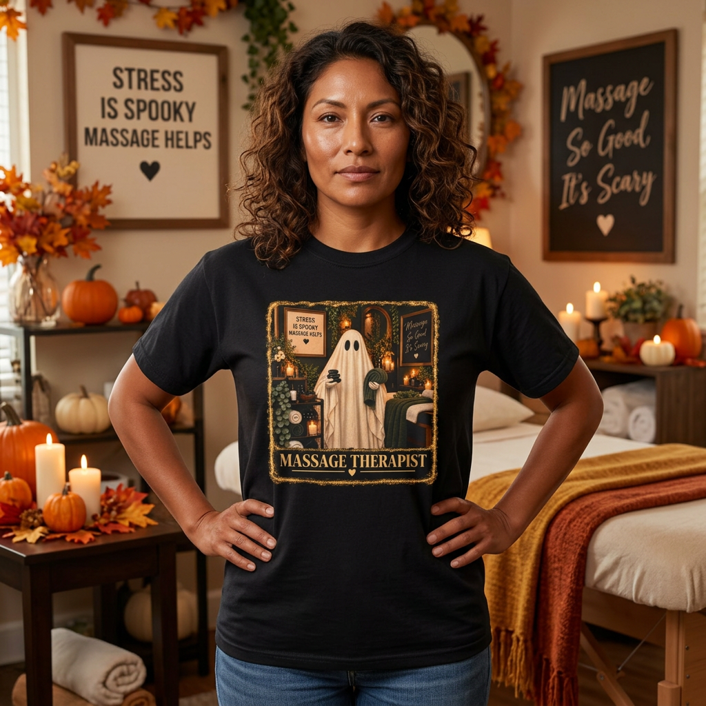 Spooky Ghost Massage Therapist Tee, Halloween Uniform, Wellness Professional Gift 1 Spooky Ghost Massage Therapist Tee, Halloween Uniform, Wellness Professional Gift