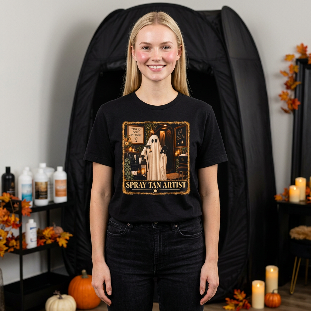 Spooky Ghost Spray Tan Artist Tee, Halloween Beauty Pro Shirt, Salon Workwear 1 Spooky Ghost Spray Tan Artist Tee, Halloween Beauty Pro Shirt, Salon Workwear