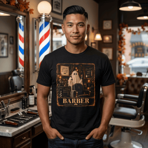 Spooky Ghost Barber Graphic Tee, Halloween Shirt, Barbershop Artist Gift, Vintage Style