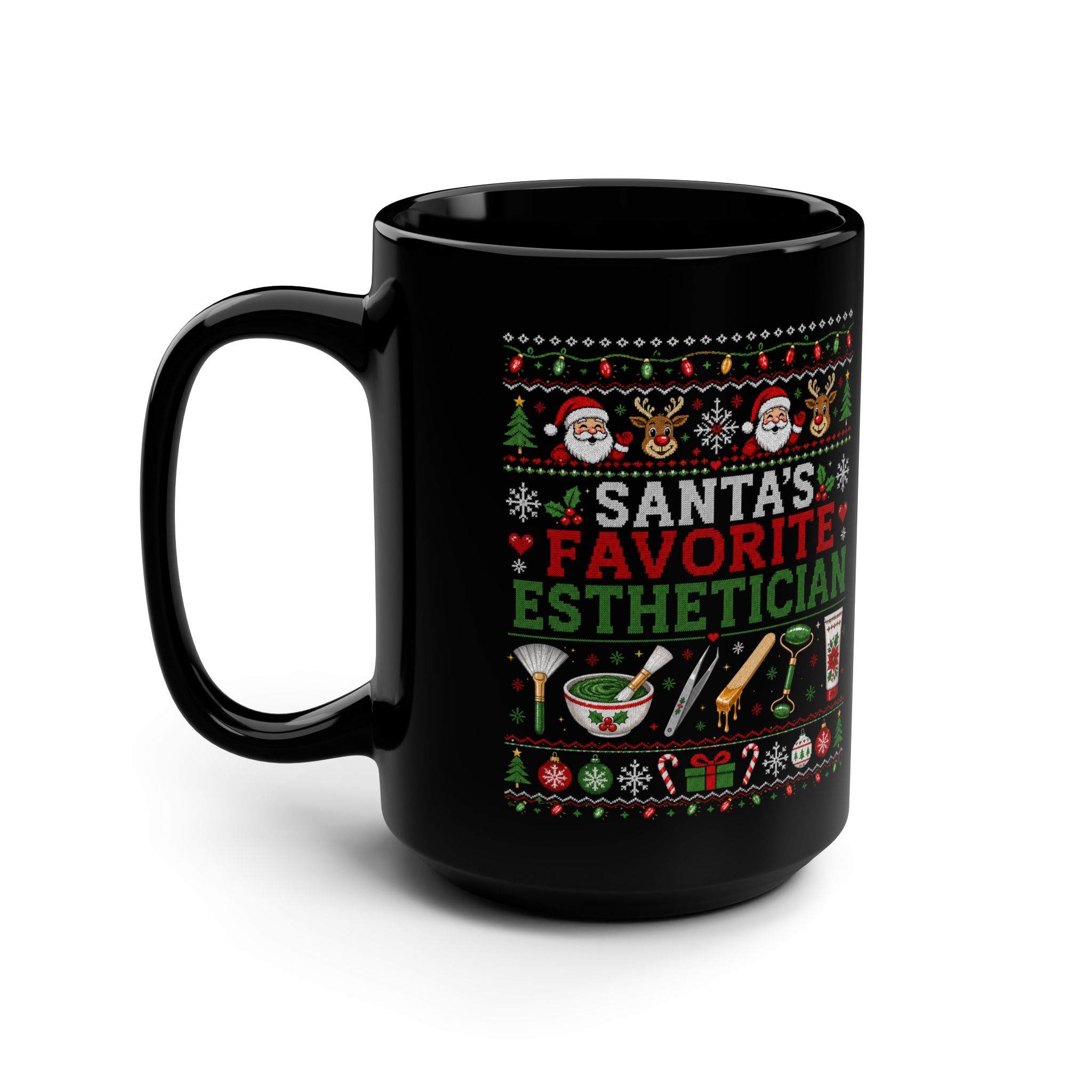 Santa's Favorite Esthetician Mug, Black Drinkware, Ugly Christmas Sweater Style, Beauty Pro Gift 3 Santa's Favorite Esthetician Mug, Black Drinkware, Ugly Christmas Sweater Style, Beauty Pro Gift - Image 3